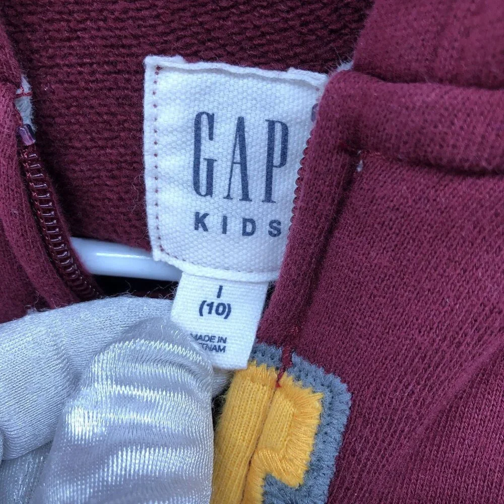Gap Kids Boys‎ Size L (10) Zip Hoodie Burgundy Logo Rugby Varsity Sweatshirt